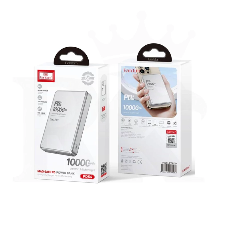 پاور بانک بی سیم فست شارژ ارلدام ET-PD54 PD 20W ظرفیت 10000 میلی آمپر ساعت