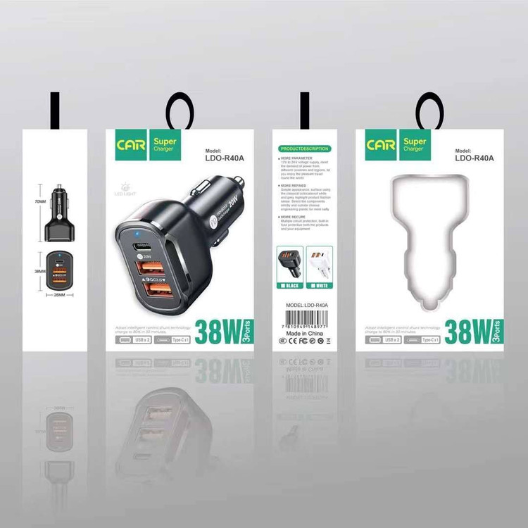 شارژر فندکی 38W مدل LDO-R40A دو پورت USB و یک پورت PD چراغ دار