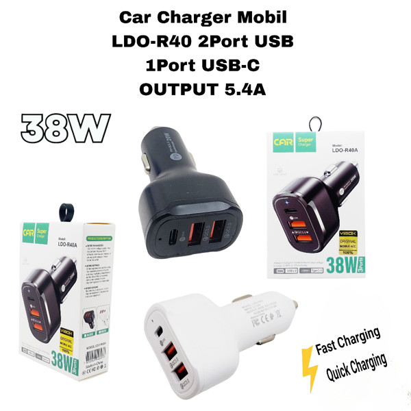 شارژر فندکی 38W مدل LDO-R40A دو پورت USB و یک پورت PD چراغ دار